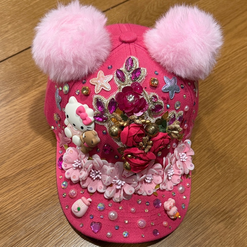 Pink Kitty Cap with Pom Poms